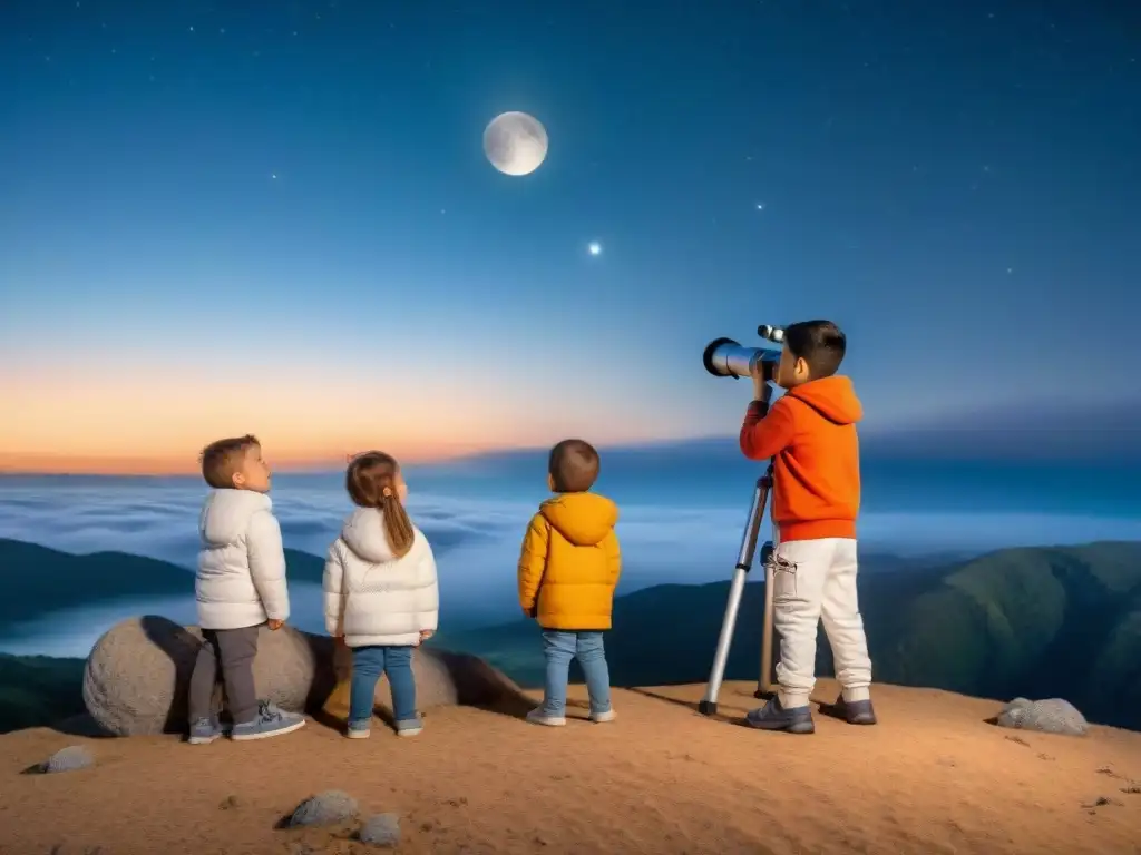 Un grupo de niños exploradores vestidos de astronautas miran las estrellas con un telescopio, expresando asombro y emoción