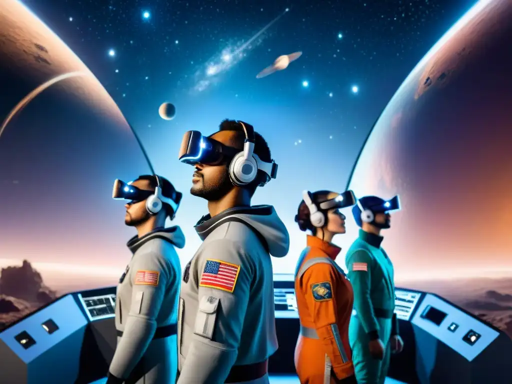 Un grupo de individuos diversos y concentrados en un simulador de realidad virtual de última generación, preparándose para una aventura espacial épica