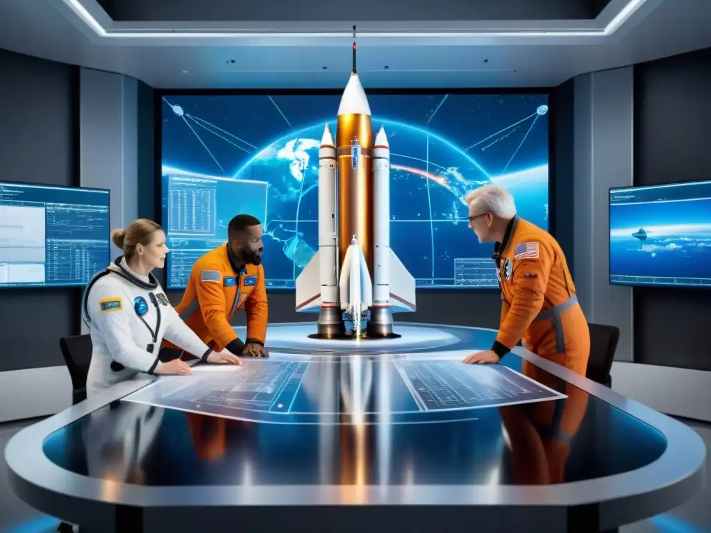Grupo de ingenieros y técnicos en una instalación espacial de vanguardia, planificando la construcción de un cohete