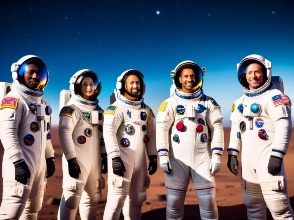 Un grupo internacional de astronautas en uniforme frente a una nave espacial, listos para explorar el espacio profundo