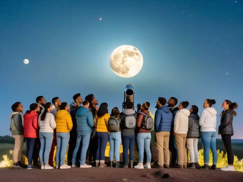 Un grupo de jóvenes estudiantes diversos observa con asombro la luna a través de un telescopio en una noche estrellada, resaltando la importancia de la educación espacial para formar la próxima generación de exploradores