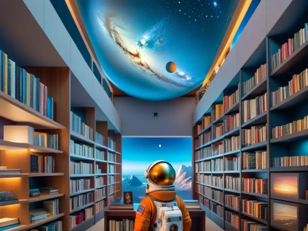 Un grupo de jóvenes exploradores en trajes de astronauta rodeados de libros espaciales, maravillados por un detallado modelo del sistema solar