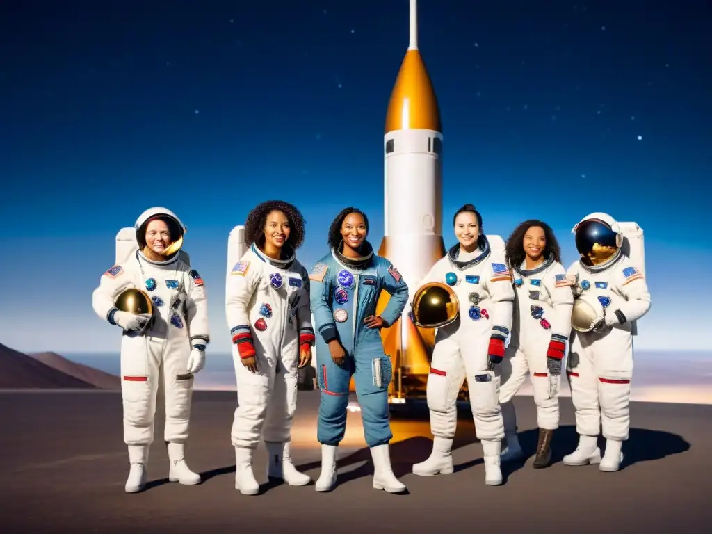 Grupo de mujeres astronautas pioneras en trajes futuristas, listas para lanzamiento en la exploración espacial