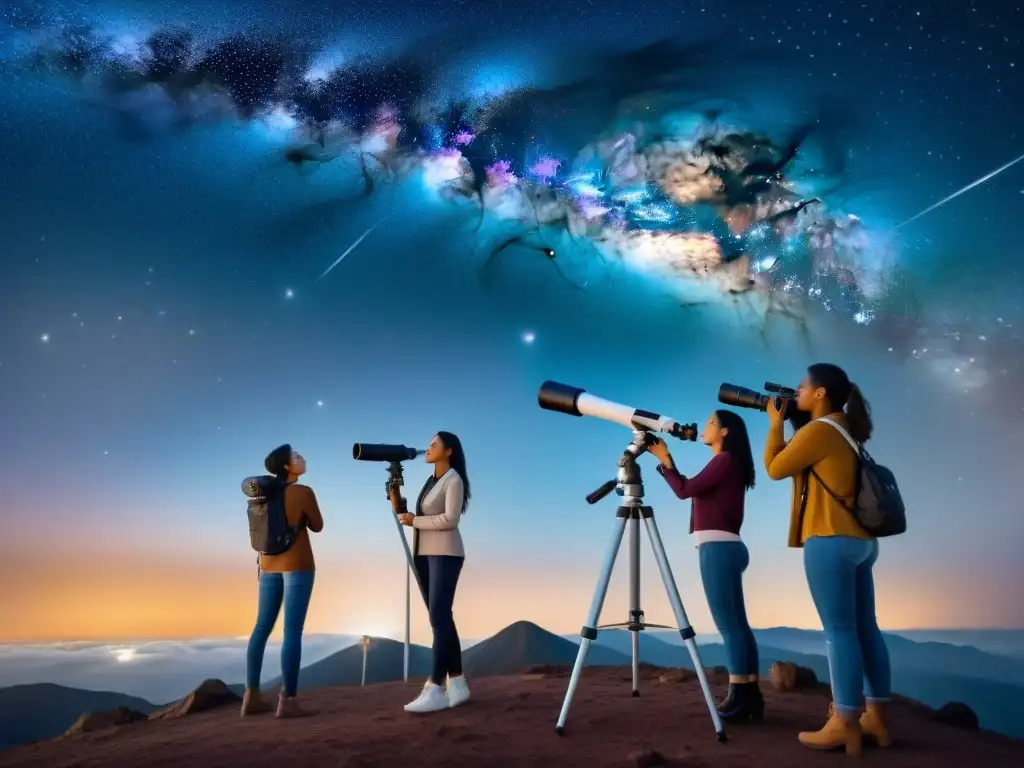 Un grupo de mujeres pioneras en astronomía observando el cosmos con telescopios, rodeadas de estrellas y galaxias en libros