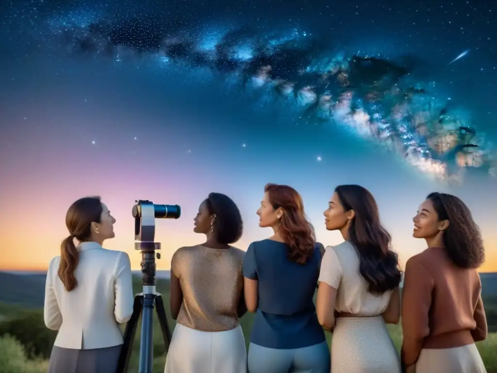 Un grupo de mujeres pioneras en astronomía observando el universo con asombro, sosteniendo libros y telescopios