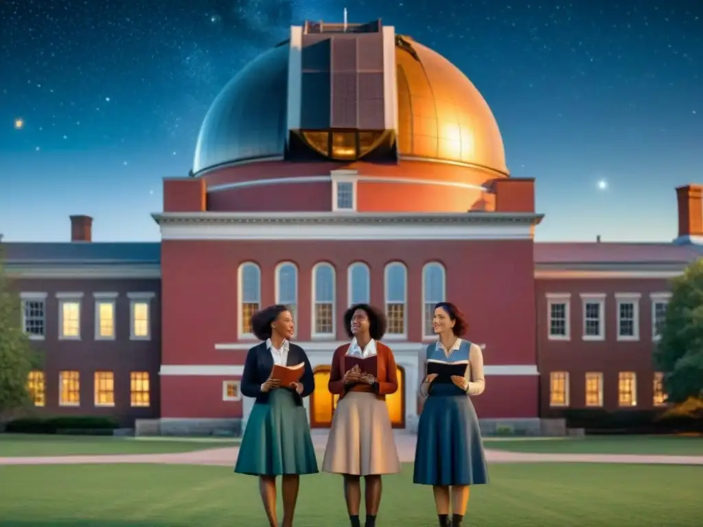 Grupo de mujeres pioneras en astronomía, con libros, observando el cielo estrellado en el Observatorio de Harvard