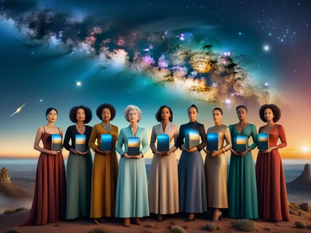 Un grupo de mujeres pioneras en astronomía, unidas por sus libros, frente a un cielo estrellado