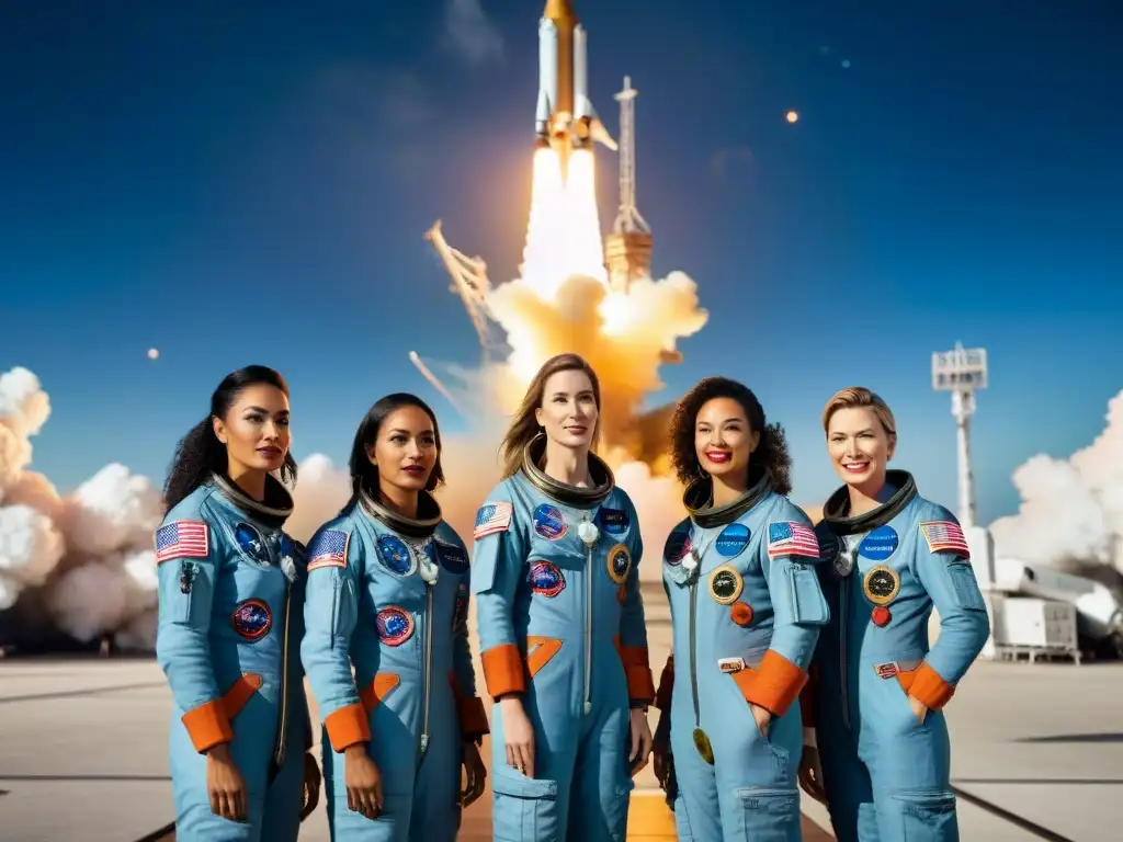 Un grupo de mujeres pioneras en trajes de astronauta vintage frente a un cohete en una plataforma de lanzamiento espacial