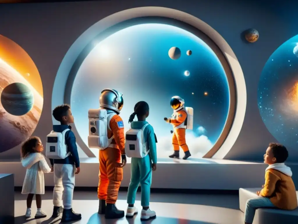Grupo de niños diversos disfrutando de actividades espaciales en aula futurista