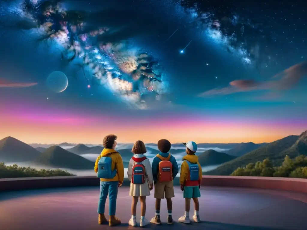 Un grupo de niños en atuendos de los 80, maravillados frente a un telescopio gigante apuntando al cielo estrellado lleno de galaxias y nebulosas