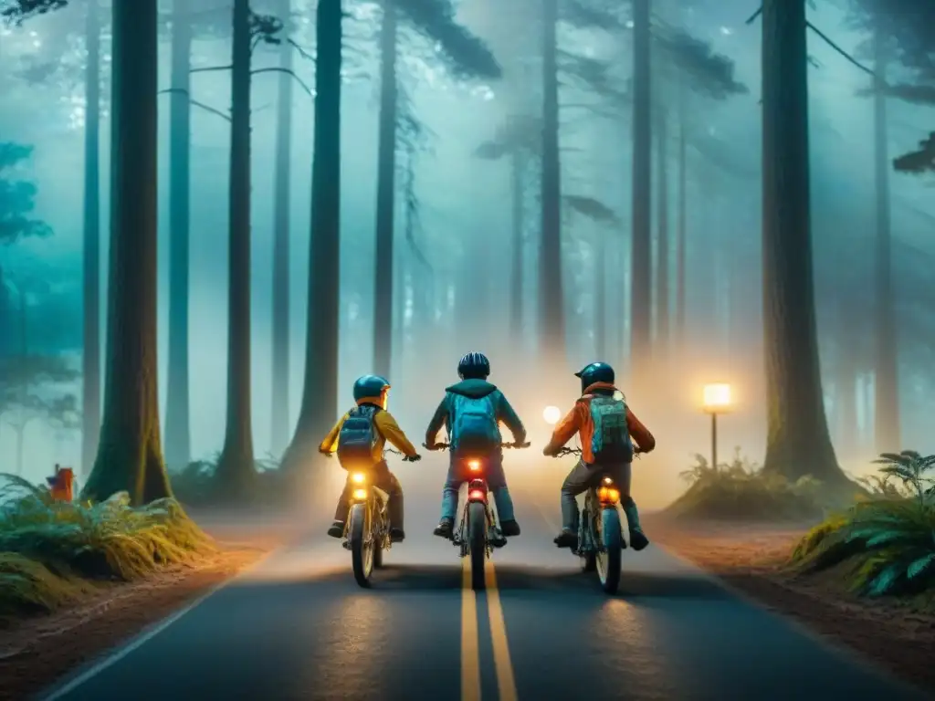 Un grupo de niños en bicicletas retro atraviesa un bosque neblinoso hacia un portal brillante, evocando exploración del universo en ciencia ficción