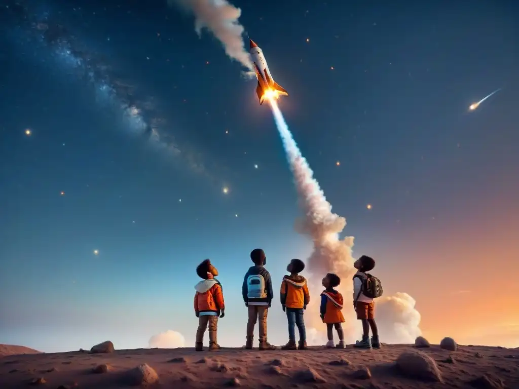 Grupo de niños admirando el cielo estrellado, con un cohete despegando al fondo