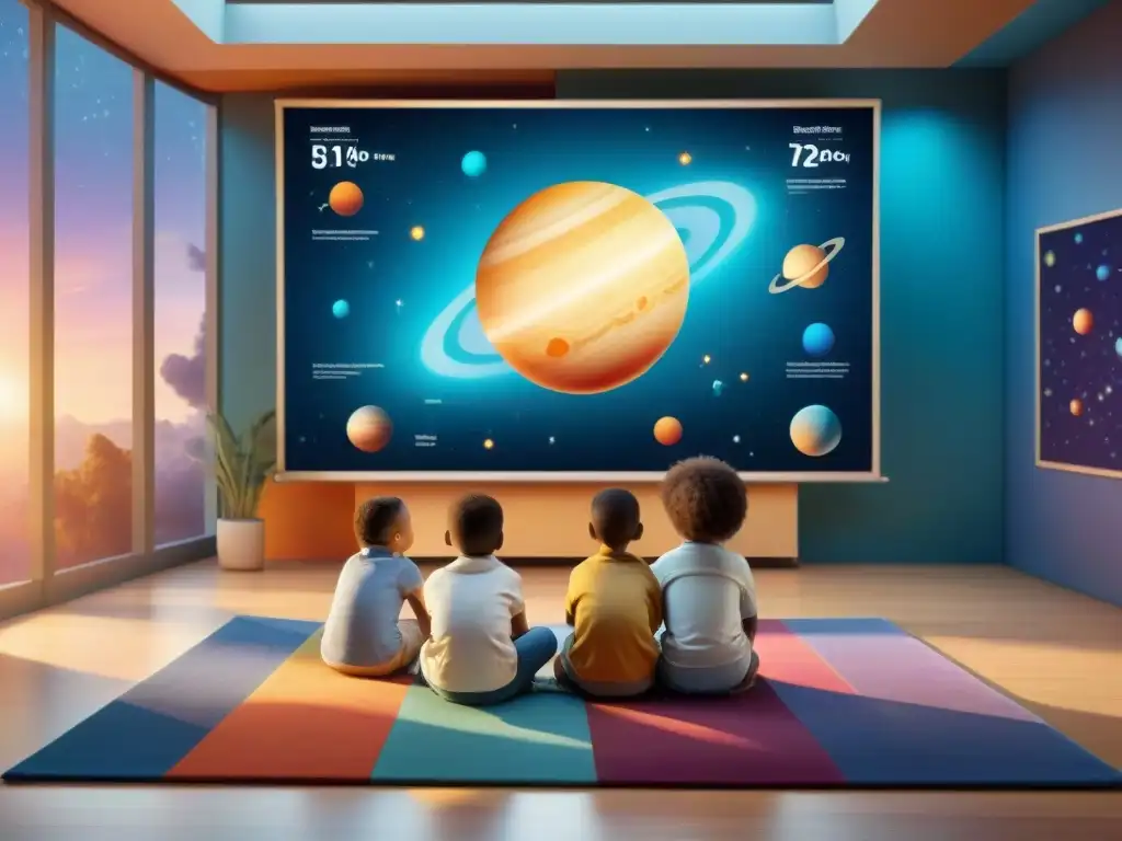 Un grupo de niños diversos y curiosos, en un aula con software astronómico para niños