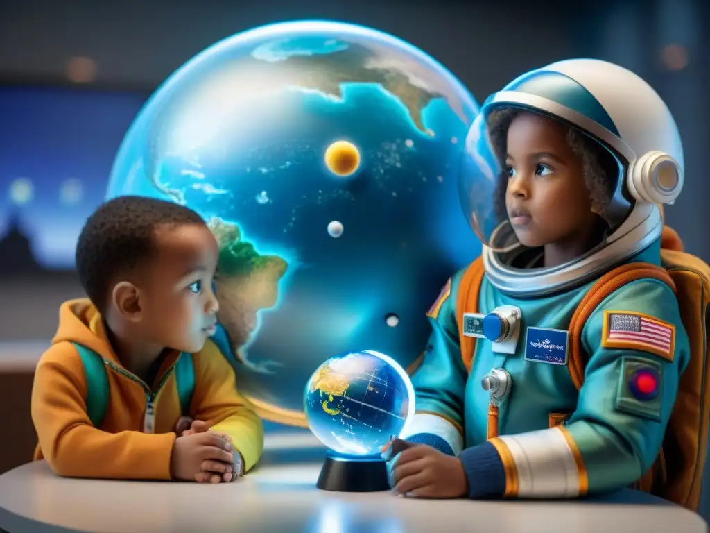 Explorando el espacio: niños en trajes espaciales en aula futurista Un grupo de niños diversos con trajes espaciales en un aula simulada del espacio
