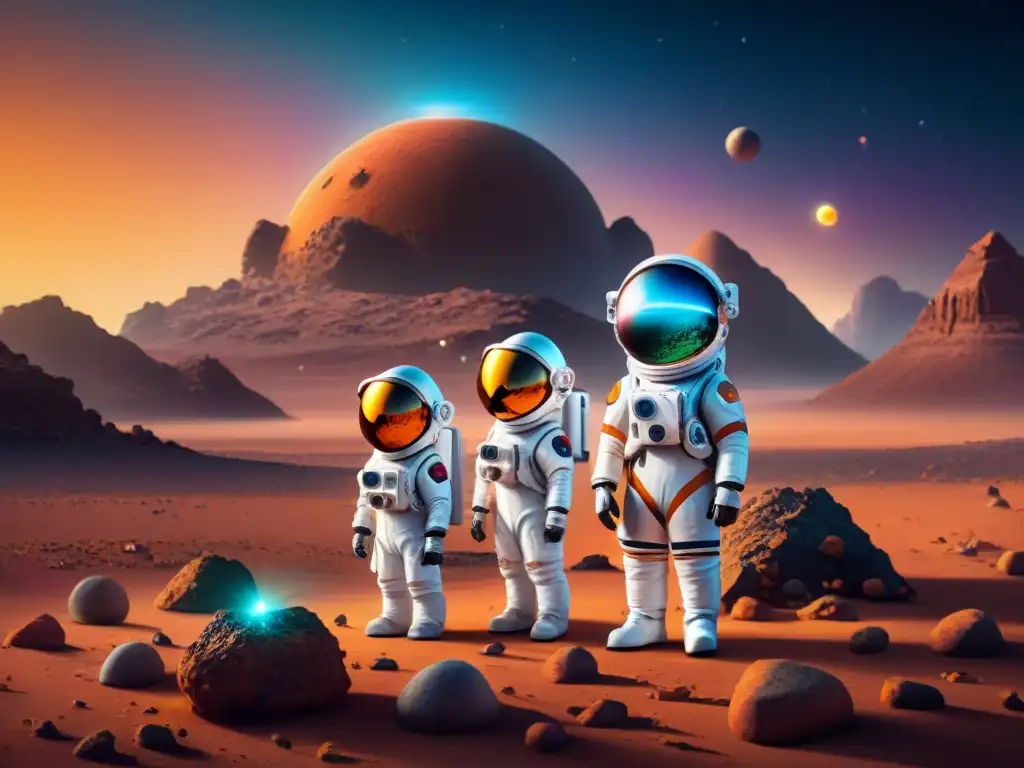 Niños en trajes espaciales: exploración educativa en Marte Un grupo de niños diversos, con trajes espaciales futuristas, exploran Marte en una emocionante actividad educativa