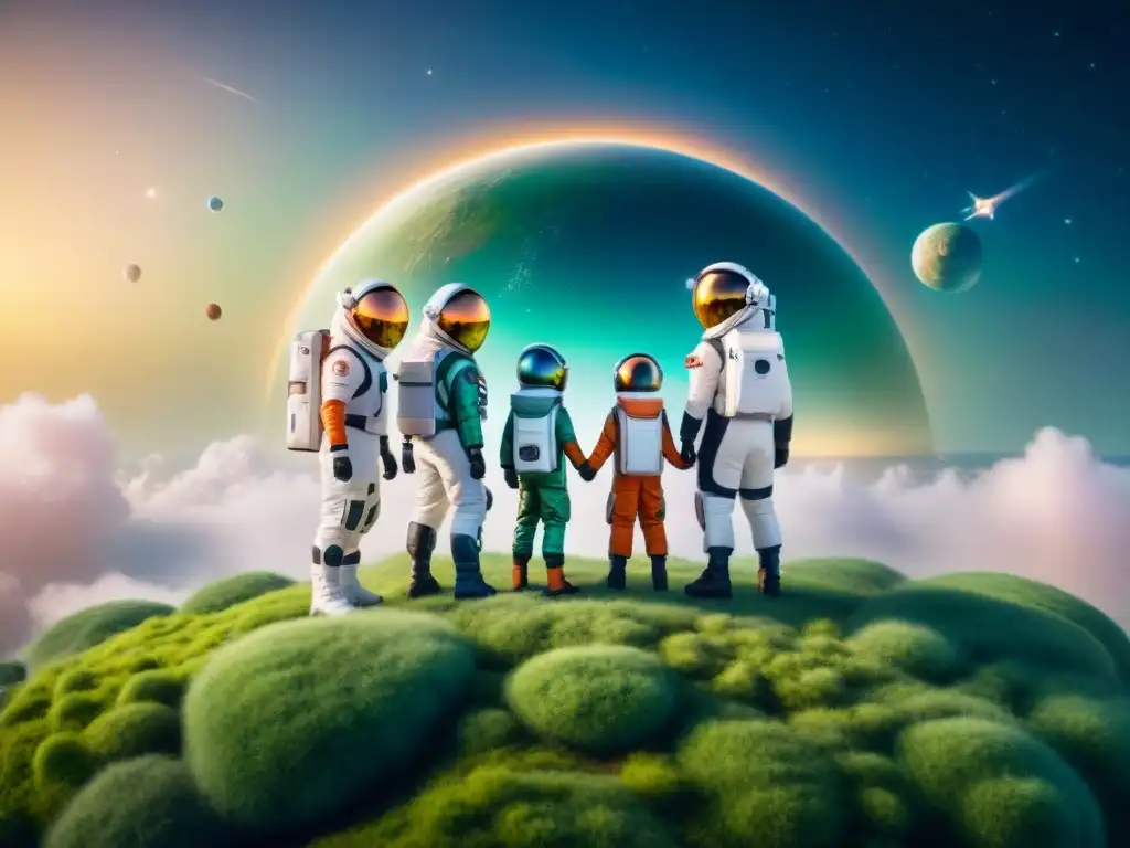 Un grupo de niños diversos en trajes espaciales futuristas, unidos en un círculo en un planeta verde, bajo un cielo estrellado con una nave espacial