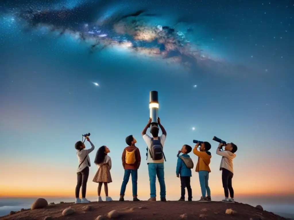 Un grupo de niños diversos explorando el espacio con un telescopio, maravillados bajo un cielo estrellado