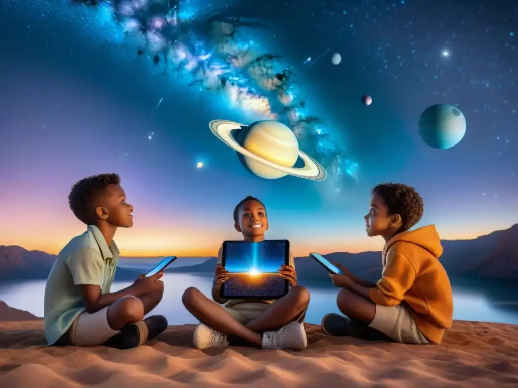 Grupo de niños admirando holograma del sistema solar bajo cielo estrellado