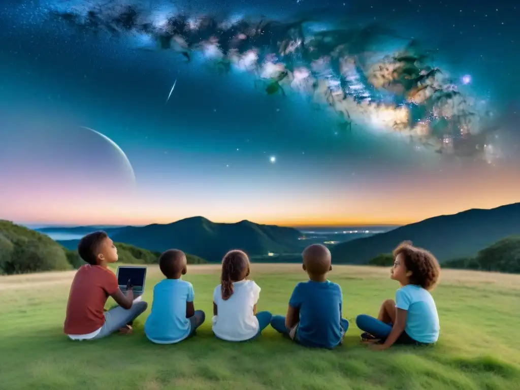 Un grupo de niños diversos, maravillados por el universo, observando las estrellas en un campo con un software astronómico para niños