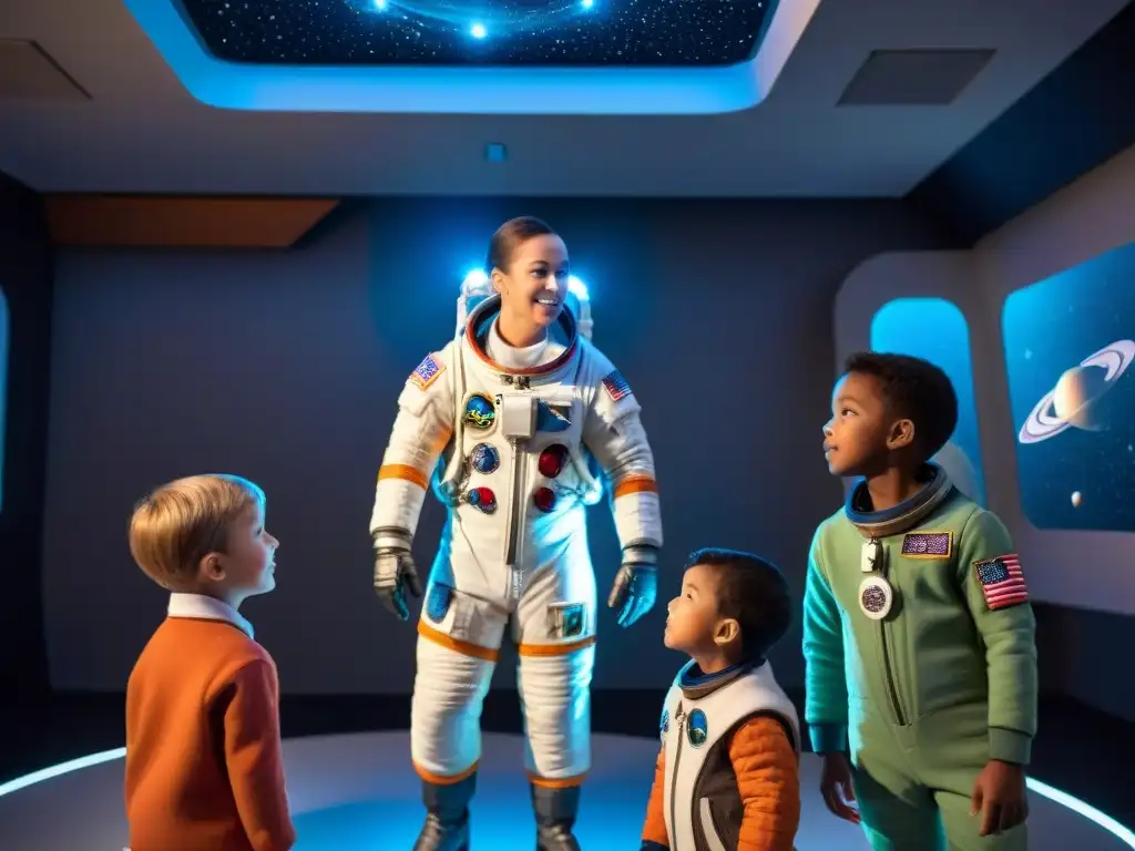 Exploración espacial educativa con niños astronautas Un grupo de niños en trajes espaciales únicos, maravillados por el sistema solar en una actividad educativa