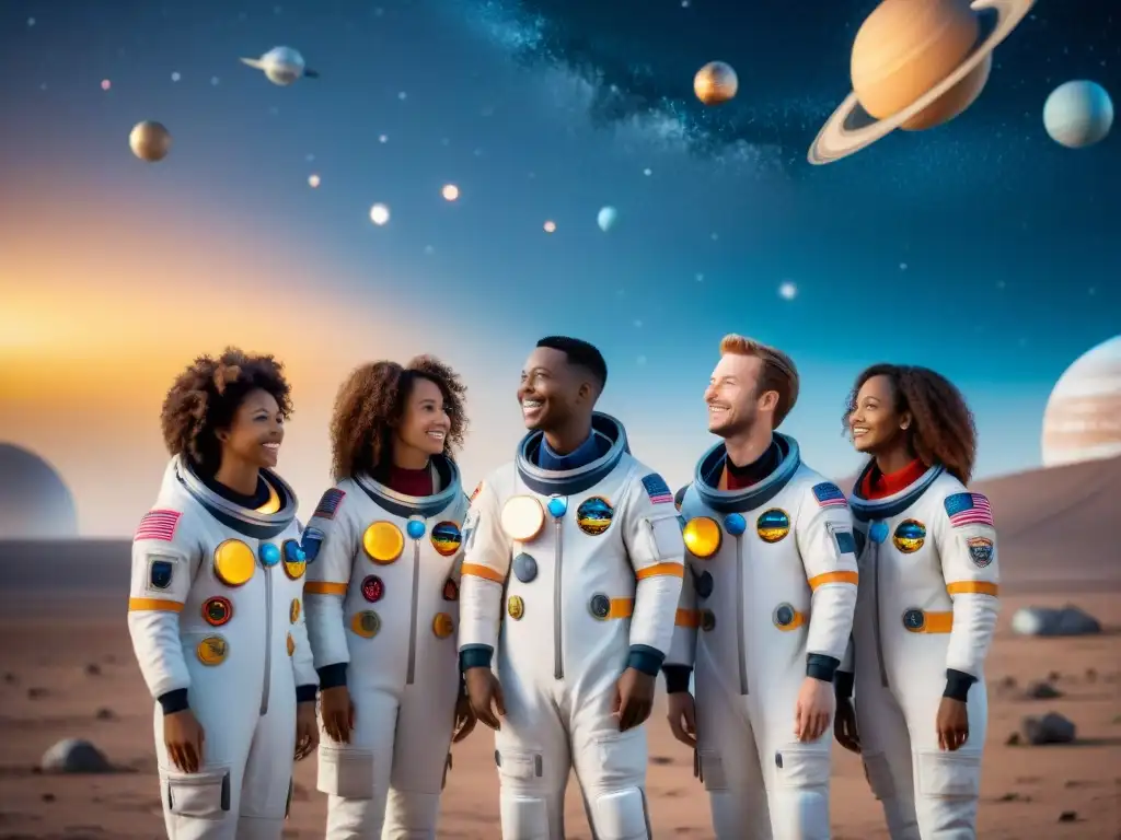 Aventura espacial: niños exploran el cosmos en trajes educativos Un grupo de niños en trajes espaciales únicos, con elementos educativos sobre el espacio, maravillados por el sistema solar