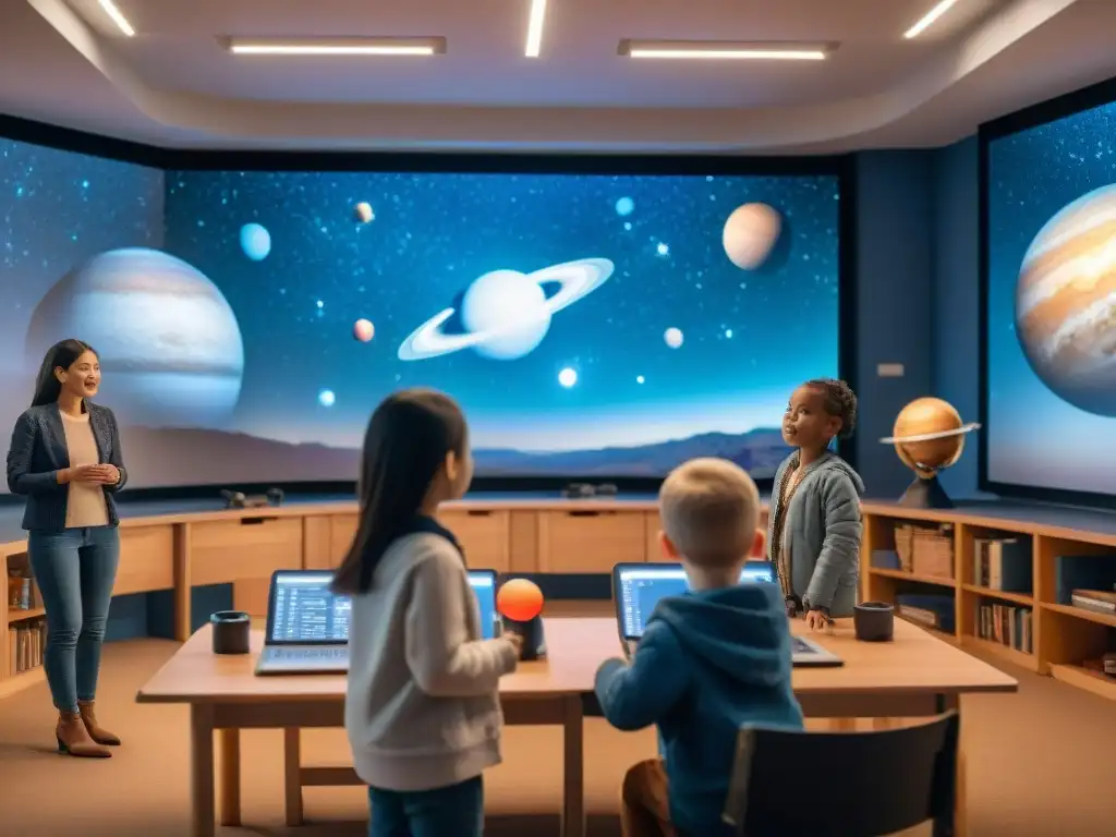 Grupo de niños explorando el universo con software astronómico para niños en un taller educativo