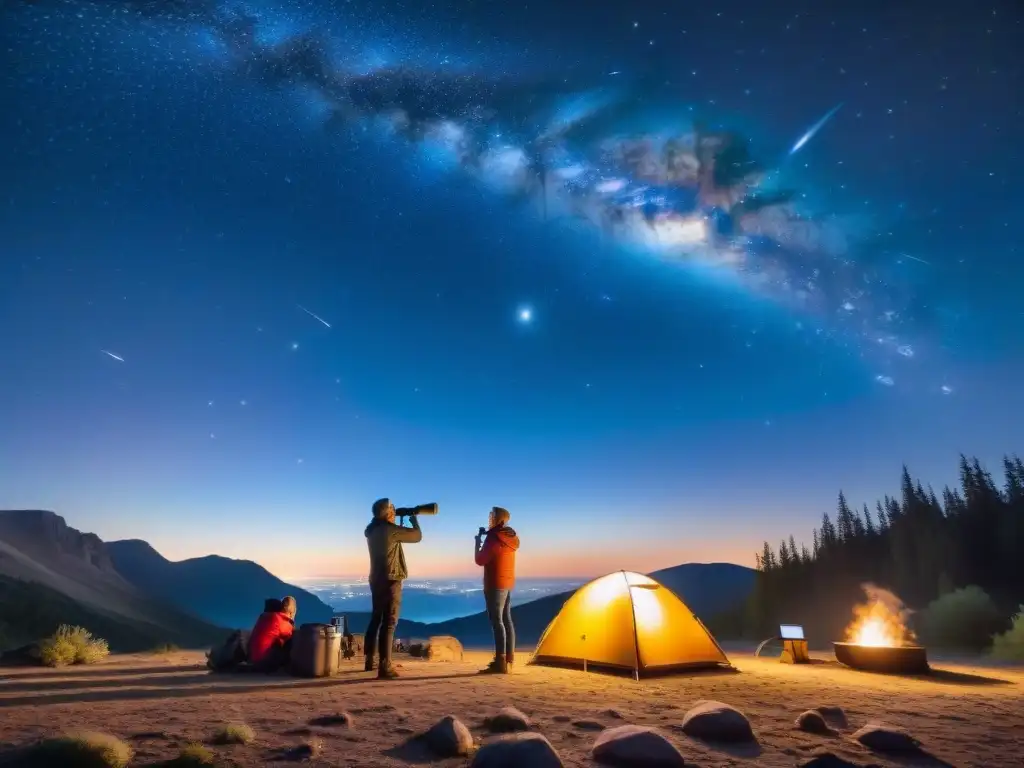 Grupo de observadores del cielo nocturno, iluminados por la fogata, aprendiendo Identificación constelaciones cielo nocturno