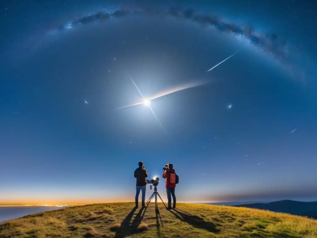 Grupo de observadores de estrellas fascinados por una lluvia de meteoritos, bajo un cielo estrellado