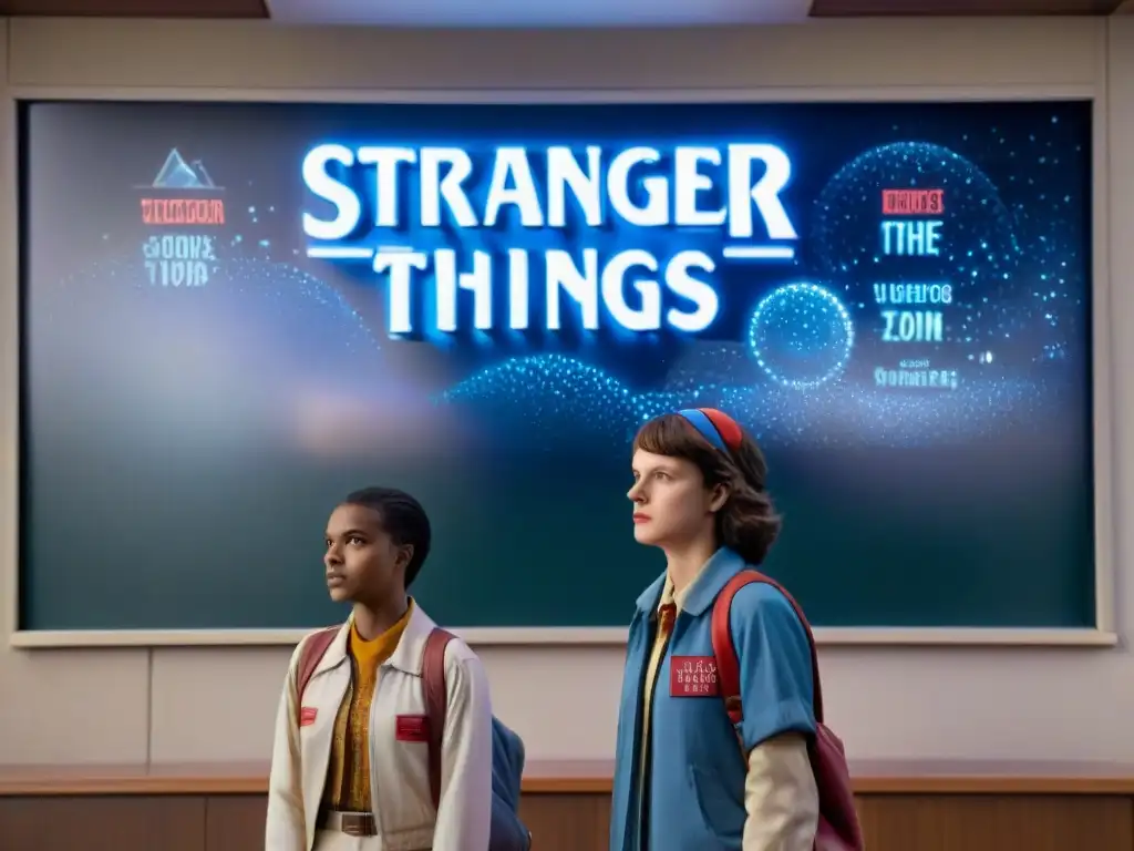 Grupo de personajes de 'Stranger Things' frente a pizarra con ecuaciones espaciales, en ambiente vintage de los años 80