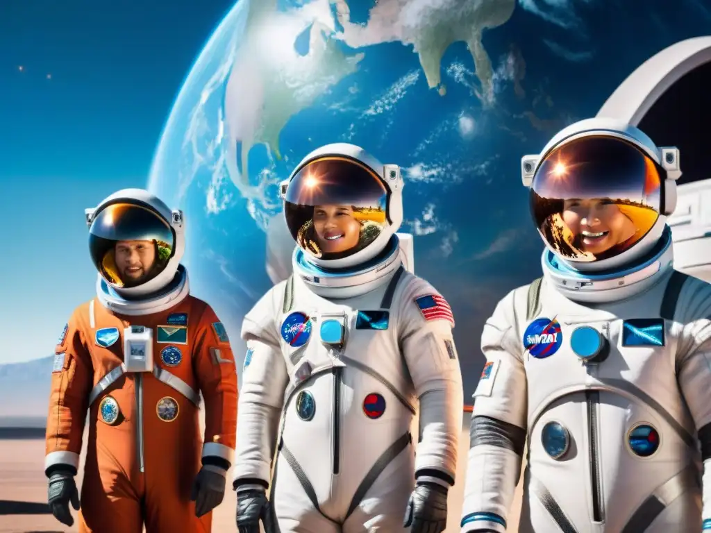 Un grupo de personas diversas con trajes espaciales futuristas, admirando una nave espacial masiva con la Tierra de fondo y una galaxia brillante