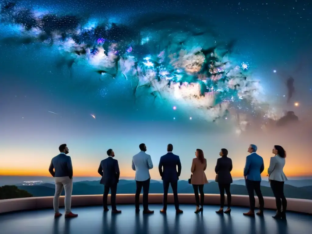 Un grupo de profesionales diversos admirando la Vía Láctea en un observatorio