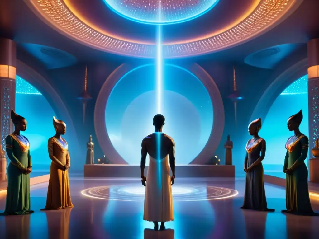 Un grupo de seres alienígenas diversos realizando rituales religiosos en un templo futurista