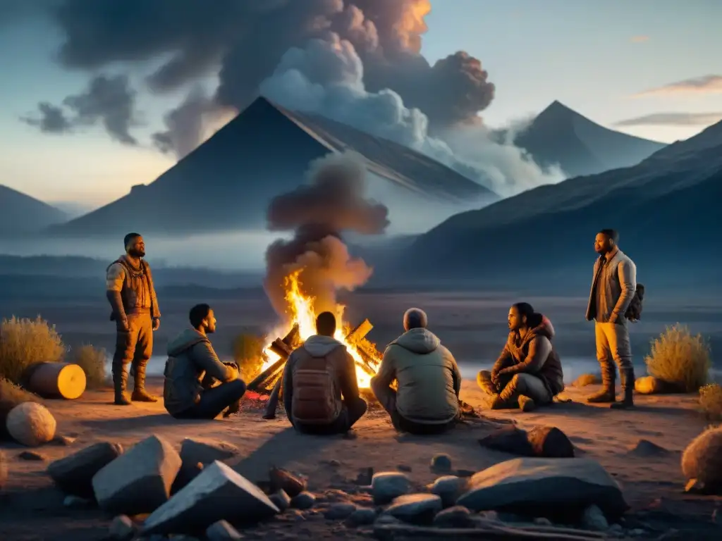 Un grupo de supervivientes en un mundo postapocalíptico, junto a una fogata en un paisaje desolado, mostrando resiliencia y determinación