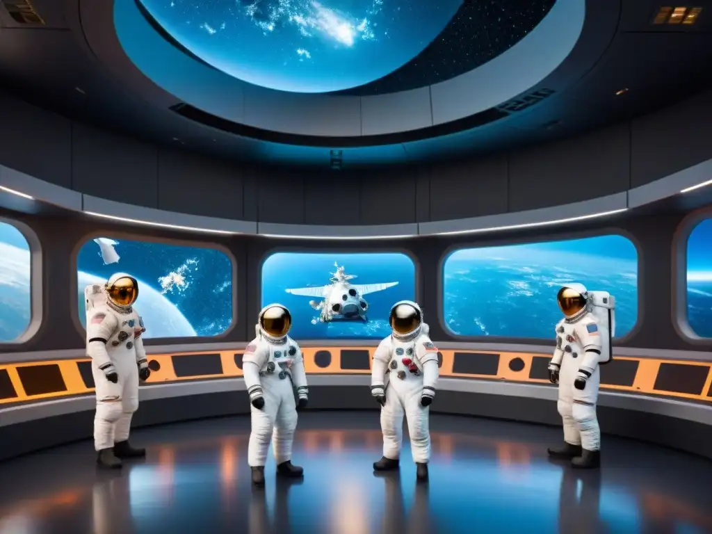 Grupo de turistas espaciales en entrenamiento de preparación para aventura en instalación de simulación espacial futurista