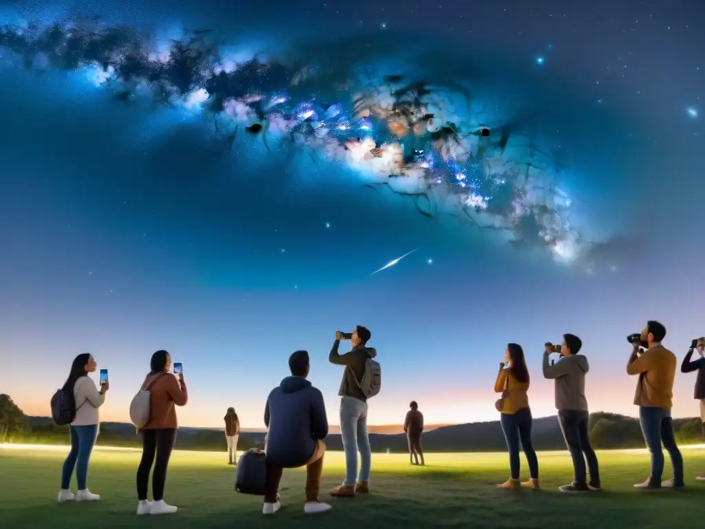 Grupo variado maravillado por el cielo estrellado en el parque de noche con la ayuda de apps astronómicas para democratizar espacio