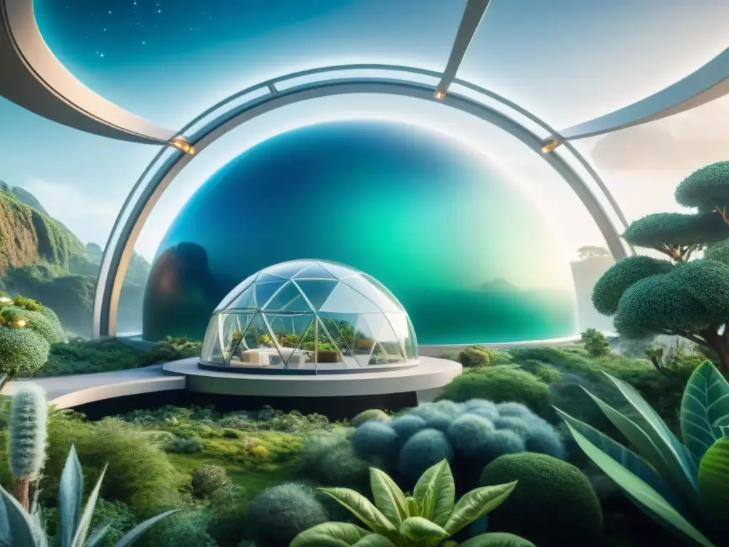 Un hábitat espacial futurista con diseño arquitectónico para vida espacial, lleno de biodiversidad y serenidad bajo las estrellas