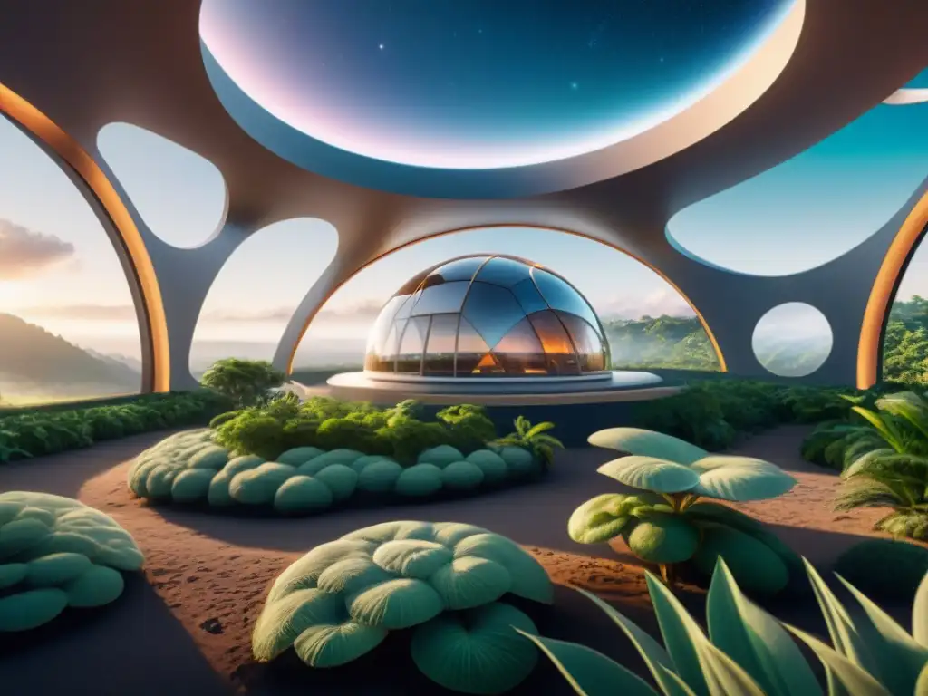 Un hábitat espacial futurista con diseño arquitectónico para vida espacial, integrando naturaleza y tecnología en armonía