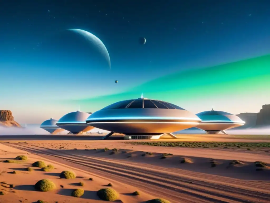 Un hábitat espacial futurista con inteligencia artificial construyendo y manteniendo la estructura en un planeta distante