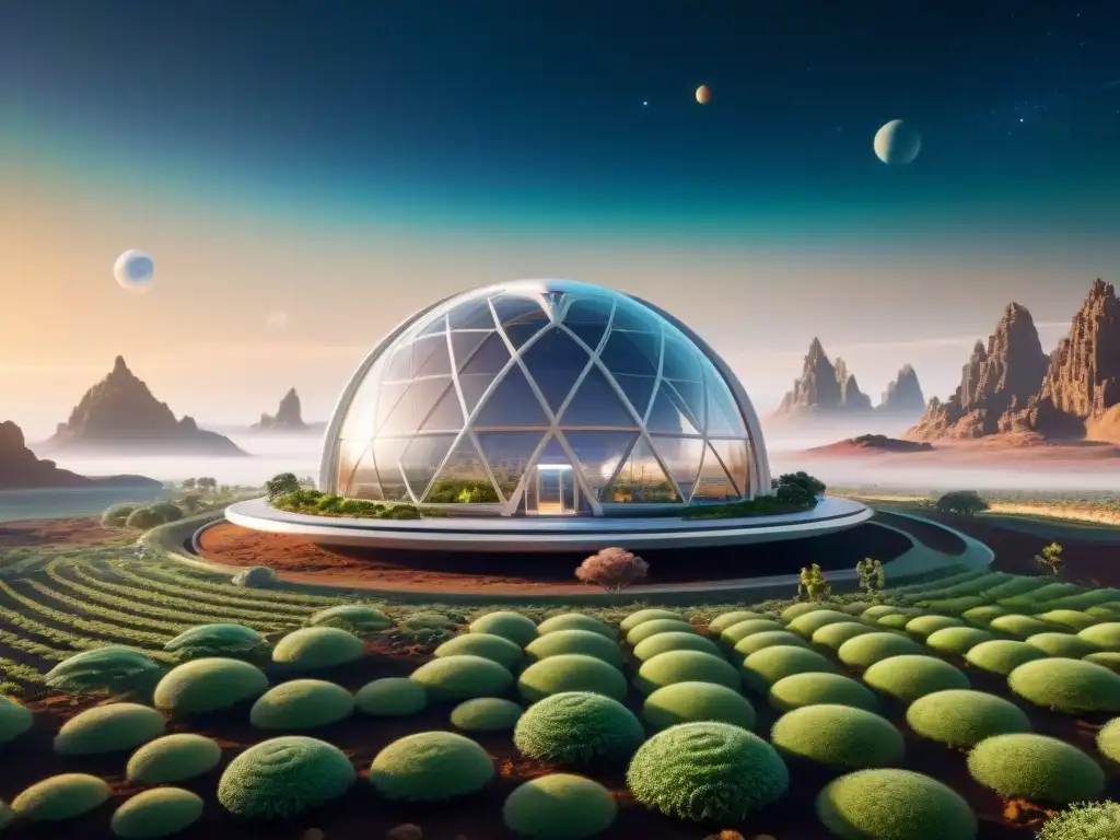 Un hábitat futurista y sostenible en un planeta alienígena con tecnologías sustentables