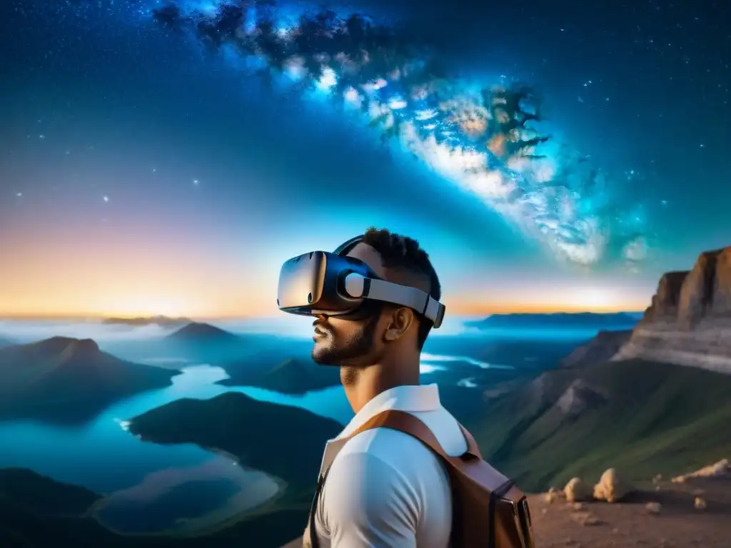 Headset de realidad virtual flotando en el espacio junto a la Vía Láctea, fusionando tecnología y maravillas cósmicas