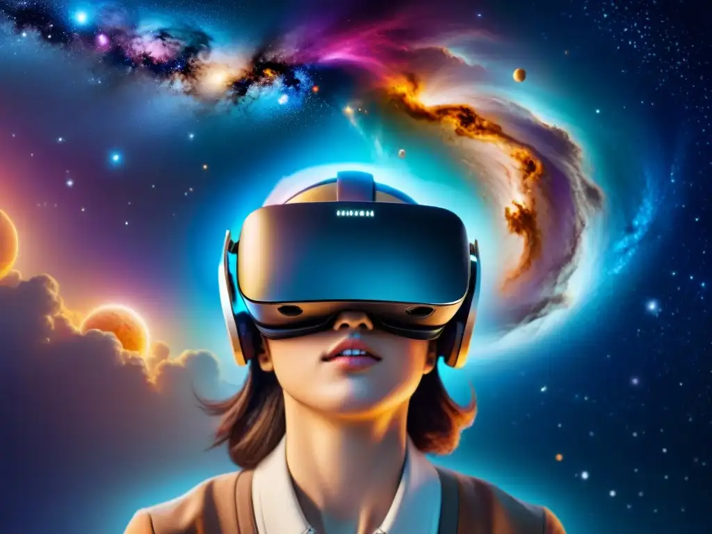 Un headset de realidad virtual flota en el espacio, rodeado de una galaxia vibrante