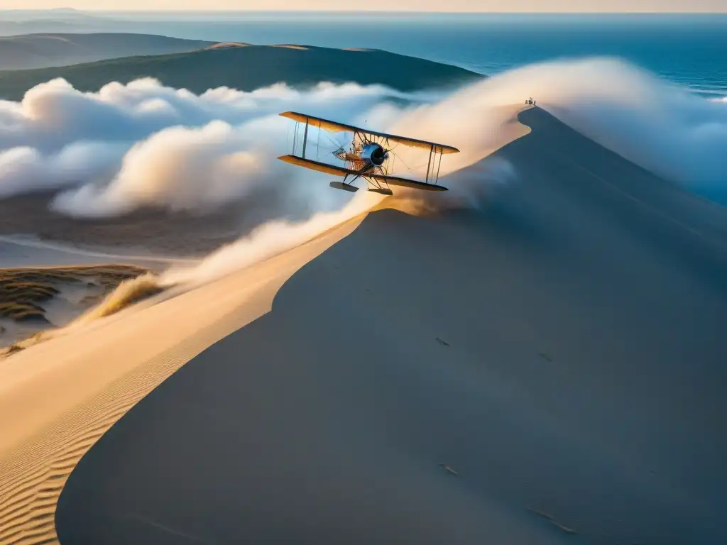 Los hermanos Wright observan con asombro su primer avión en vuelo en Kitty Hawk, marcando una histórica hazaña en la exploración espacial