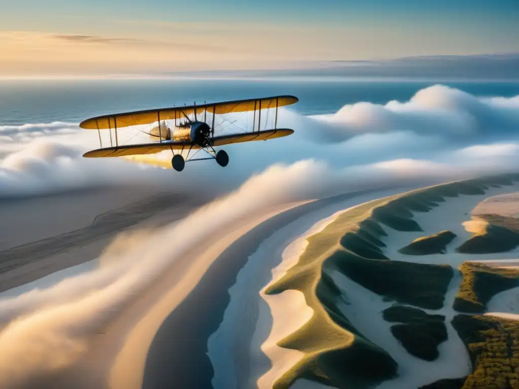 Hermanos Wright despegando en Kitty Hawk, mostrando la exploración espacial en una misión histórica de ciencia ficción