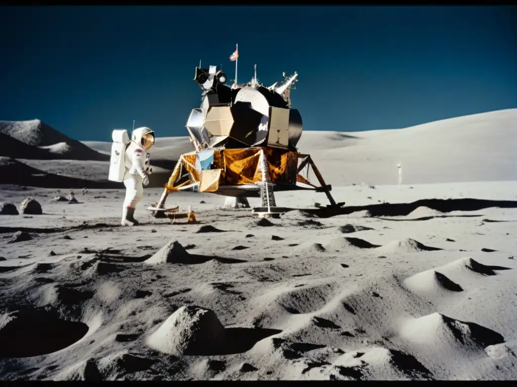 Histórica imagen de la misión del Apollo 11 en la luna: astronautas, bandera y módulo lunar