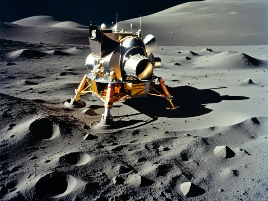 Hitos importantes en la carrera espacial: nave Apollo 11 en la luna, huellas de astronauta y la Tierra al fondo