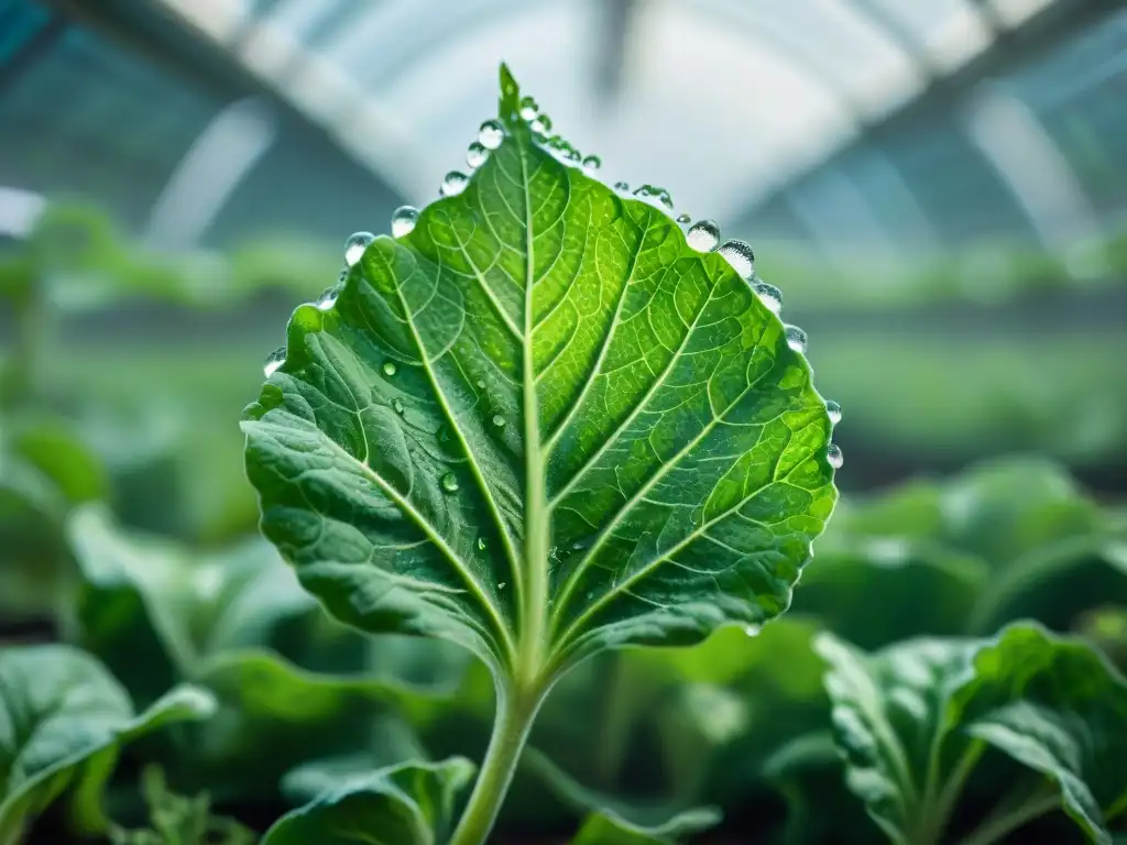 Una hoja de lechuga flotando en gravedad cero en un invernadero espacial futurista