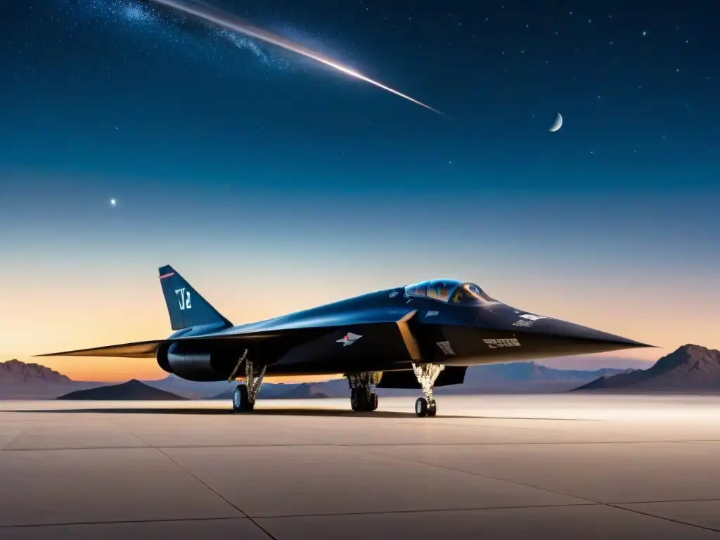 Kelly Johnson mira al horizonte junto al SR71 Blackbird bajo el cielo estrellado, reflejando determinación y tecnología avanzada