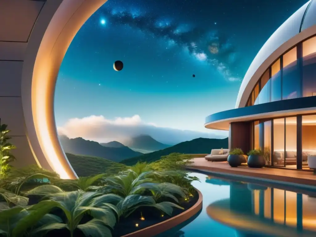 Un hotel espacial futurista rodeado de estrellas, con tecnología sostenible y visitantes en trajes espaciales explorando