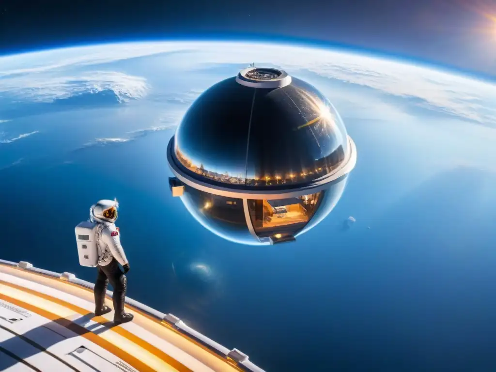 Un hotel espacial futurista orbitando la Tierra, con estructuras metálicas relucientes en el cosmos