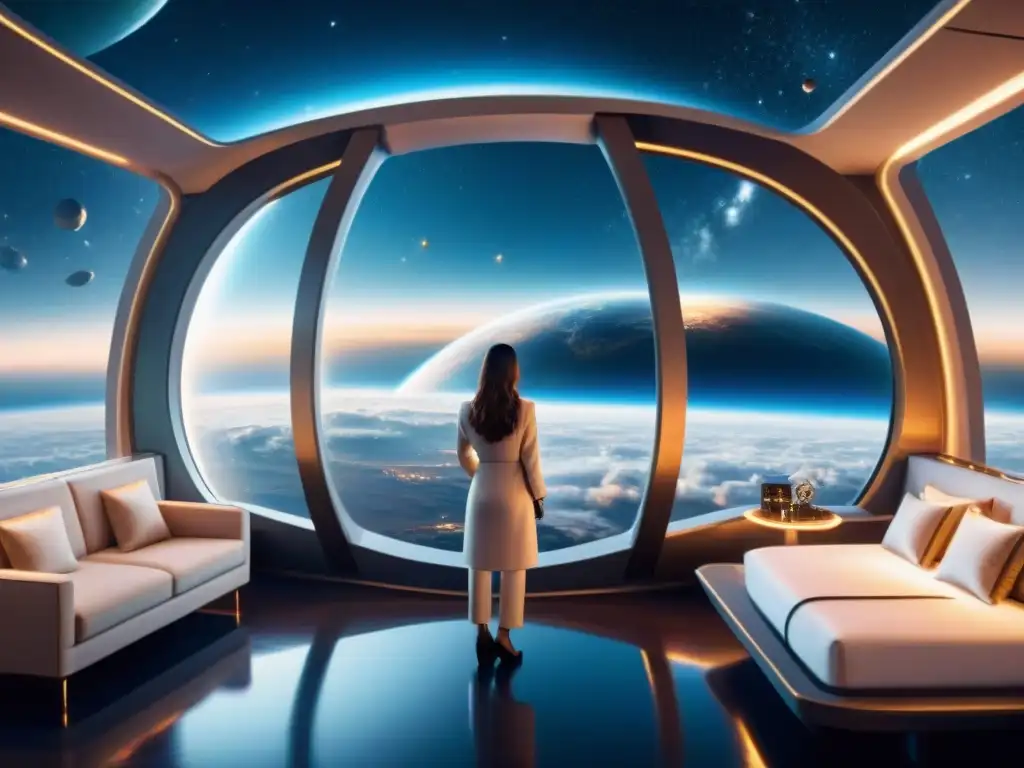 Un hotel espacial futurista orbitando la Tierra, con diseño moderno y vistas panorámicas al planeta